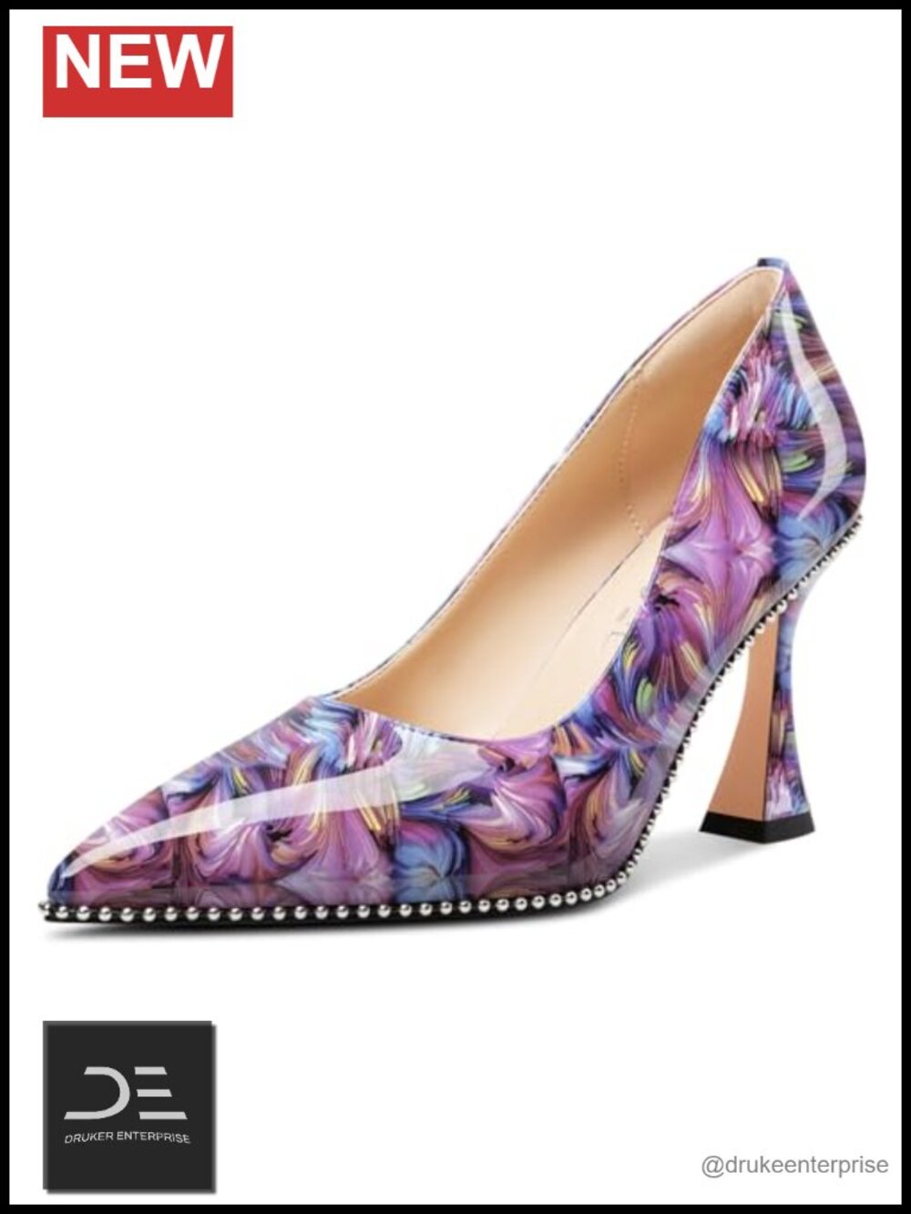 Women's Pointed Toe Kitten Heel Patent Leather Slip-on Beaded Party Dress Shoes